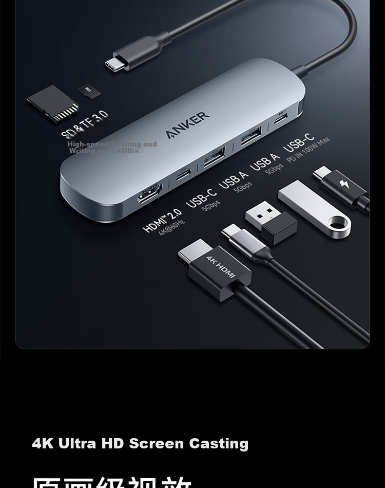 ANKER Type-C Hub 7-в-1: док-станция с PD 100 Вт, HDMI 2.0, USB 3.0, SD/TF кард-ридер. Совместима с MacBook, Huawei.