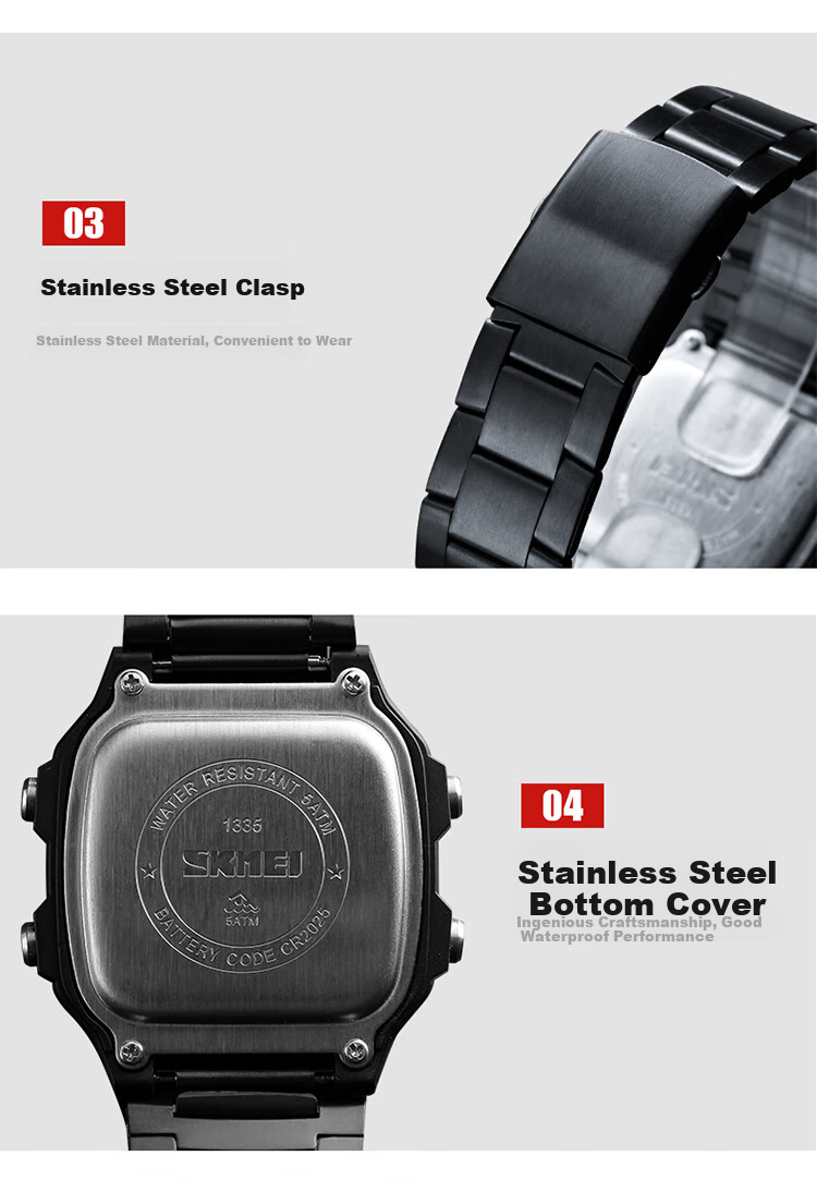 Skmei Student Watch Square High-End for Middle And High School Students, Waterproof Alarm Clock Sports Steel Band Electronic Watch for Men 1335