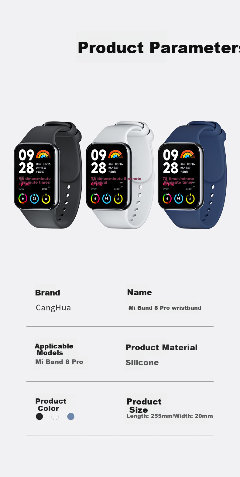 Ремешок CangHua для Xiaomi Band 9 Pro/8 Pro, мягкий силиконовый, дышащий, спортивный, однотонный, серый, с быстрой застежкой