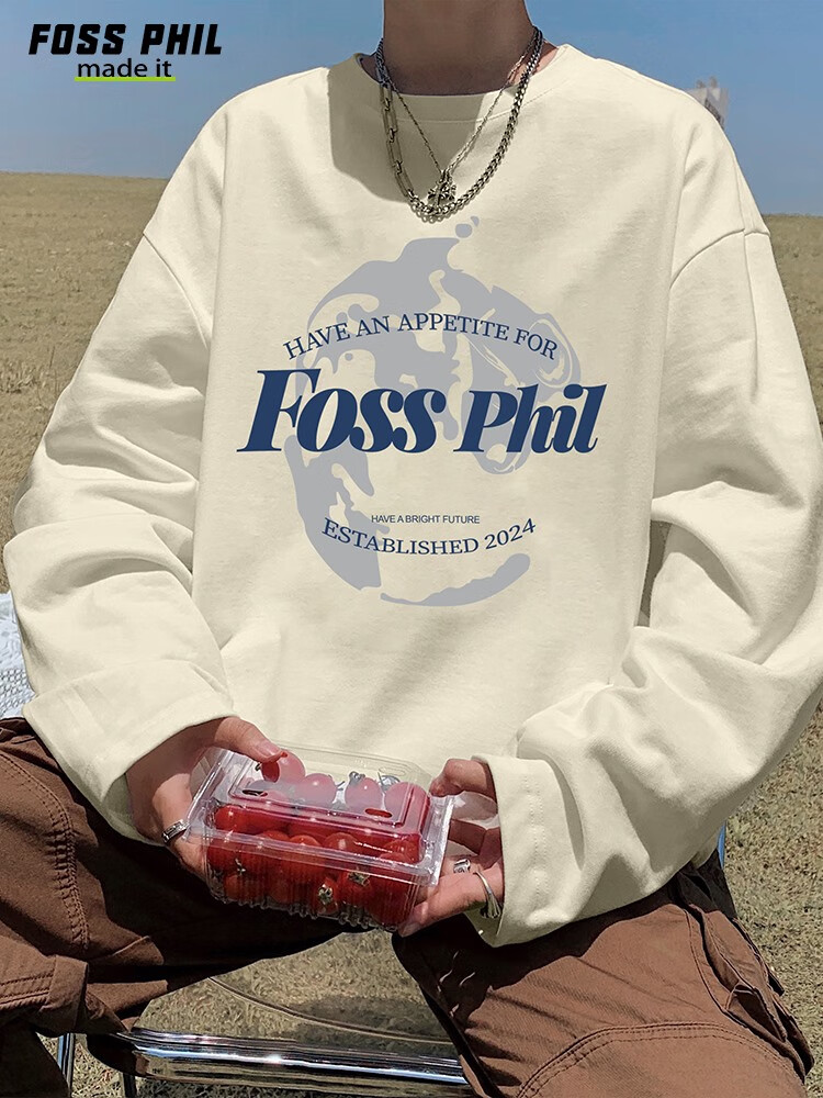 Футболка с длинным рукавом Foss Phil из чистого хлопка для мужчин, трендовая повседневная футболка оверсайз на осень, унисекс, с круглым вырезом, FPCT3, черная, XL