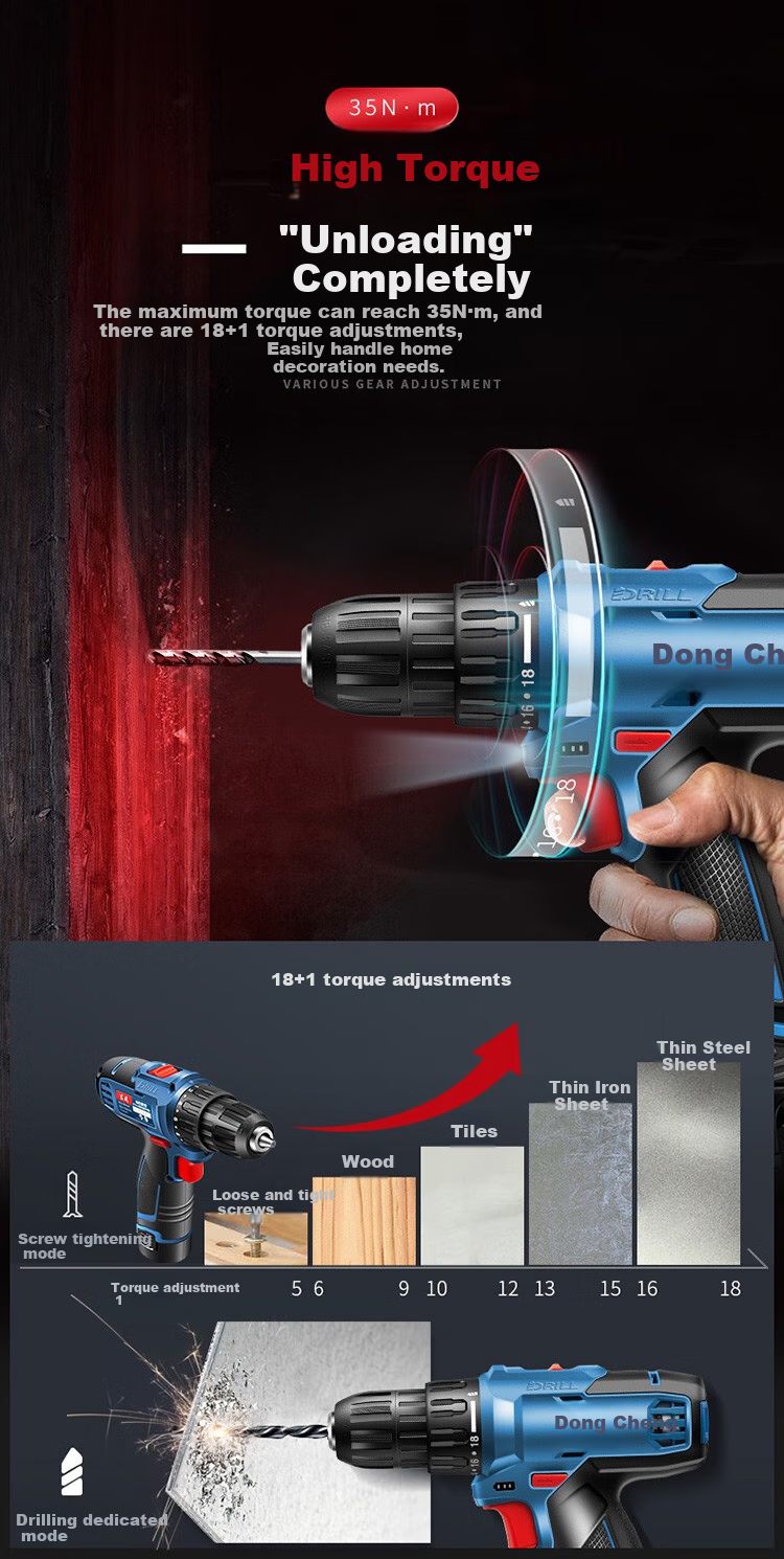 Аккумуляторная дрель-шуруповерт Dongcheng WJZ1201TS, 12В, 2.0 Ач, 35 Нм, набор с 2 аккумуляторами и инструментами