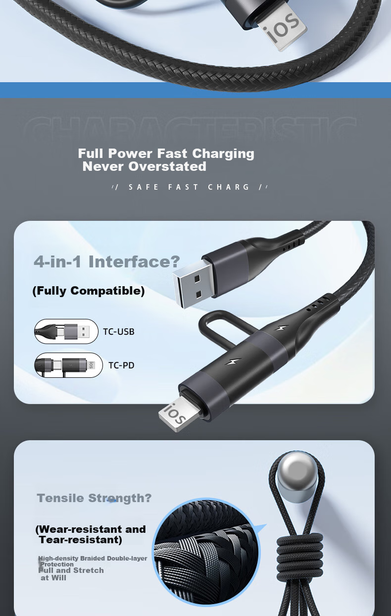 Zitai Универсальный кабель 4-в-1, 1 метр, черный, PD 60W, для iPhone, Huawei, Xiaomi, Honor
