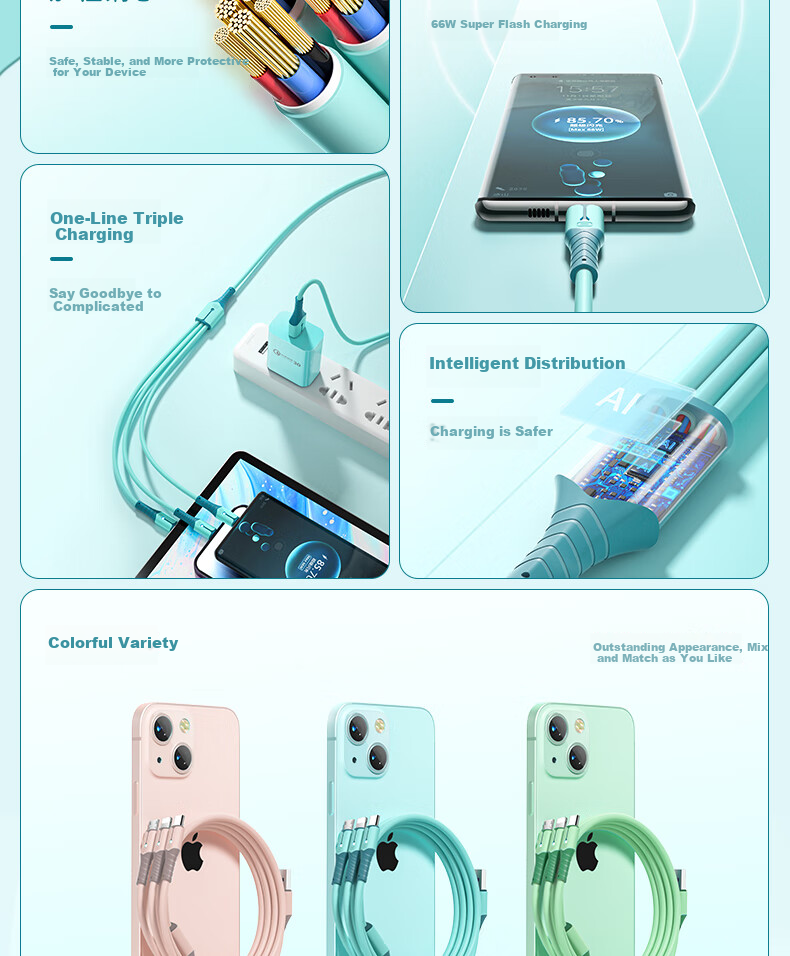 Кабель Nengshi Three-In-One, 1.5м, Синий, 66W, с разъемами Type-C, Lightning, Micro-USB