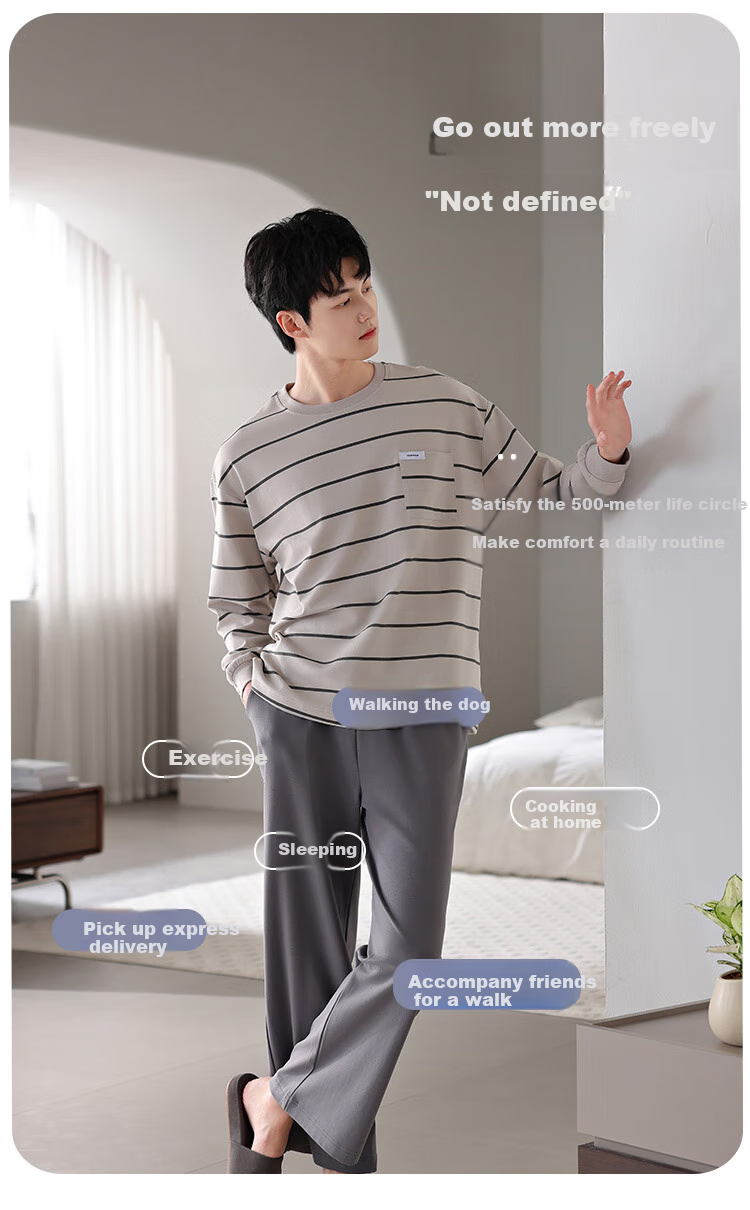 Мужской комплект пижамы LangSha из 100% хлопка, 7A антибактериальный, устойчивый к клещам, в полоску, повседневный, свободный, большой размер, подходит для ношения на улице