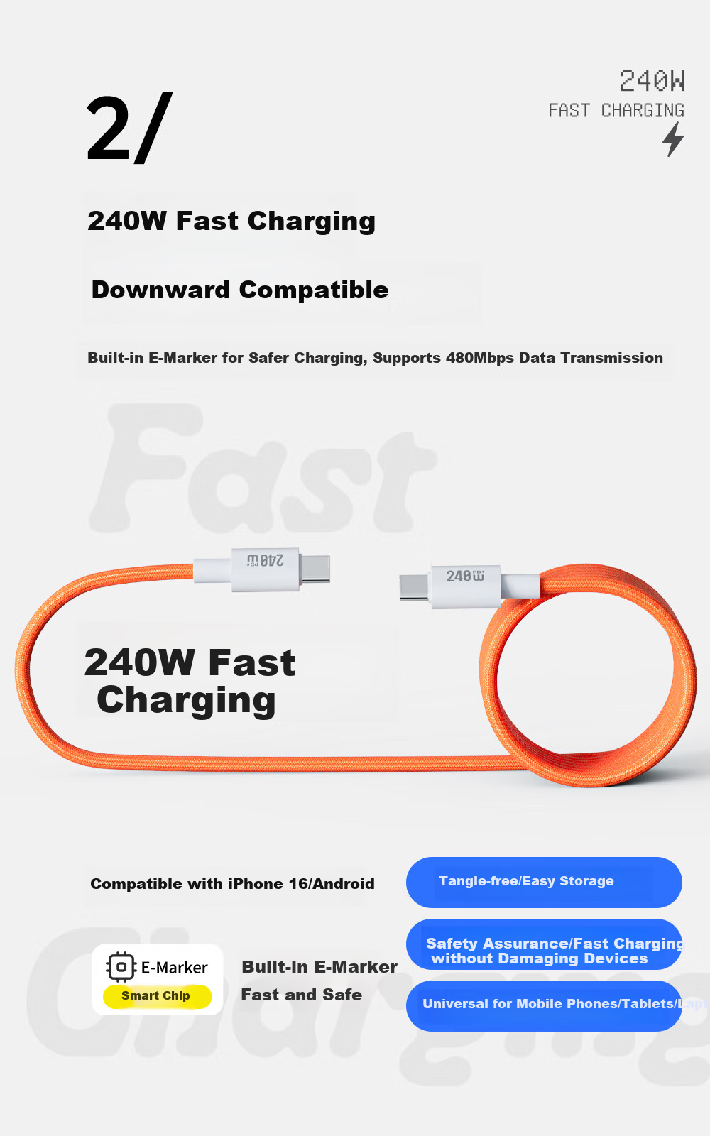 Магнитный кабель Beimo Type-C, 240W, 1 метр, для iPhone, iPad, Huawei, Xiaomi, розовый