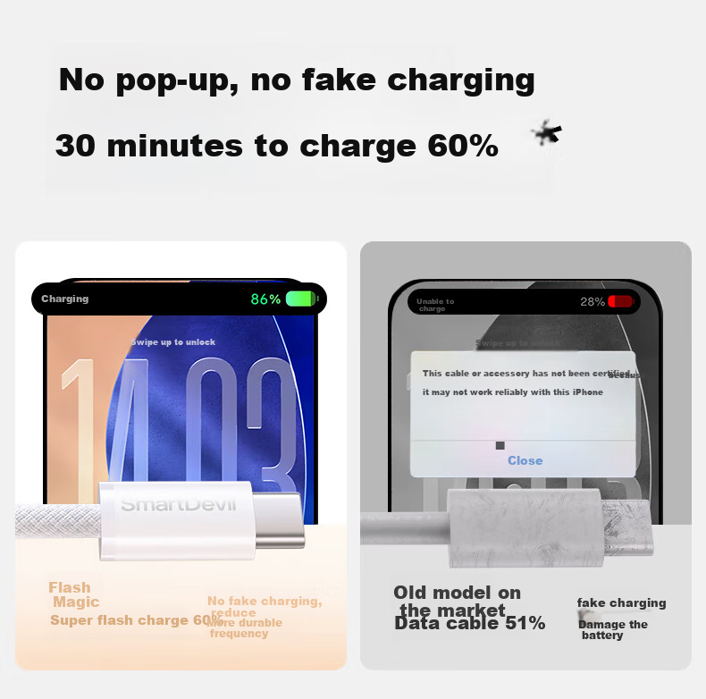 Кабель SmartDevil Apple 17/16/15 Type-C, кабель данных PD60W, для iPhone 17/16e/15 Pro Max, планшетов iPad, ноутбуков