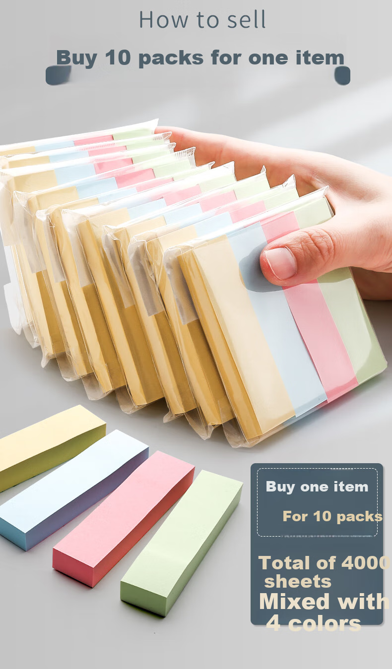 Клейкая лента Jinzhi, 4000 листов, 4 цвета, в полоску, 76x19 мм, многоразовые, самоклеящиеся, для студентов и офиса