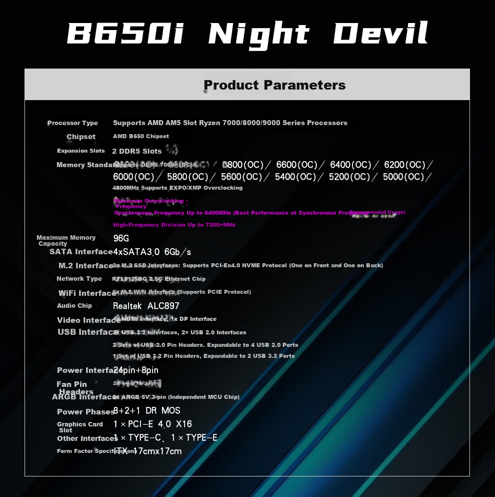 Материнская плата Jingyue B650I Night Devil DDR5, игровая, поддержка процессоров 9600X/9700X/7800X3D (сокет AMD B650/AM5)