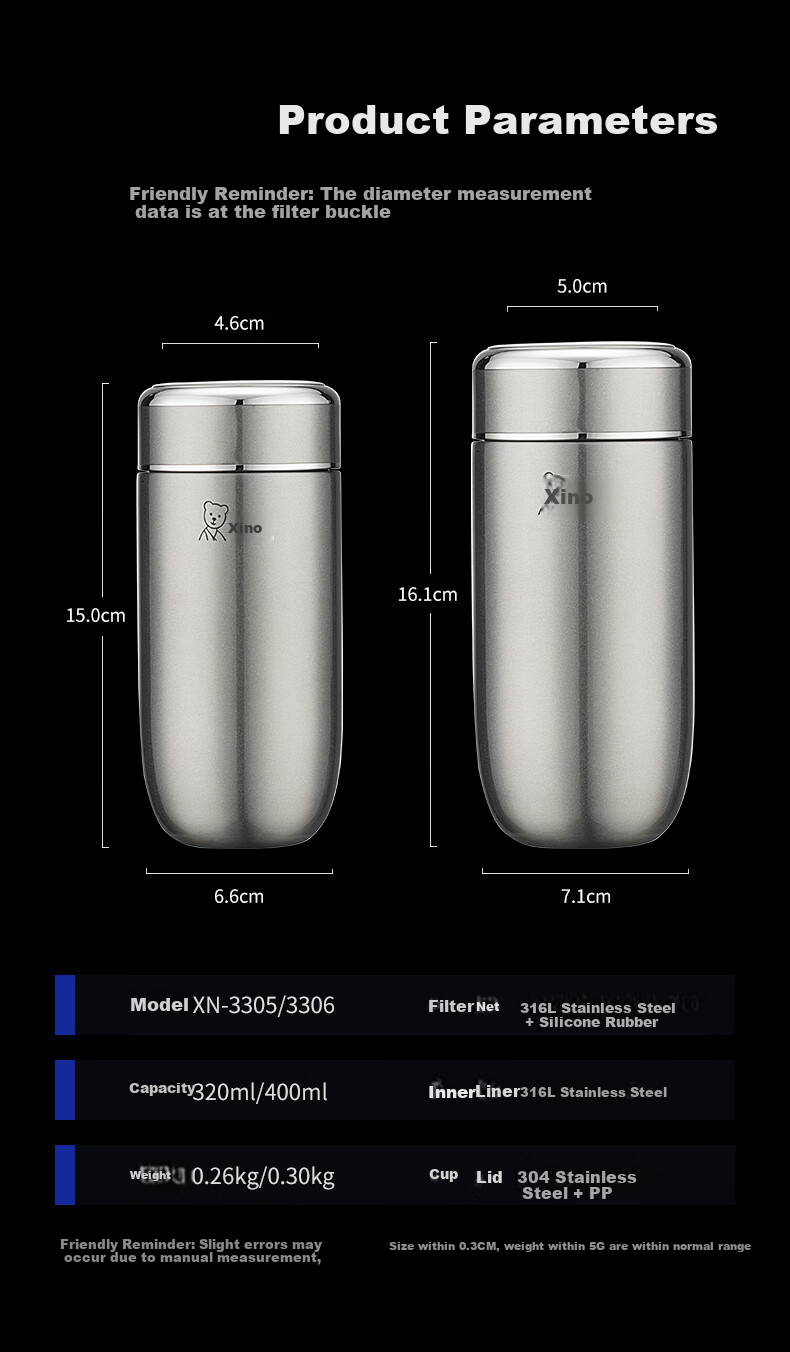 Термокружка Heenoor XN-3306, 400 мл, цвет натуральный, для мужчин, автомобильная, портативная с фильтром