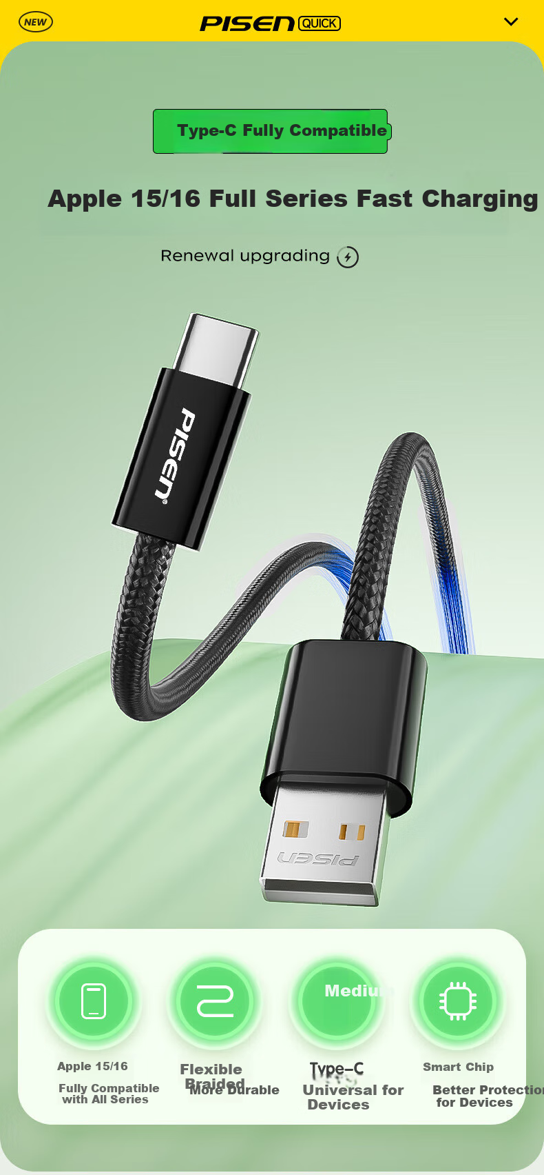 Кабель PISEN USB Type-C, 3А, 1.2 метра, синий