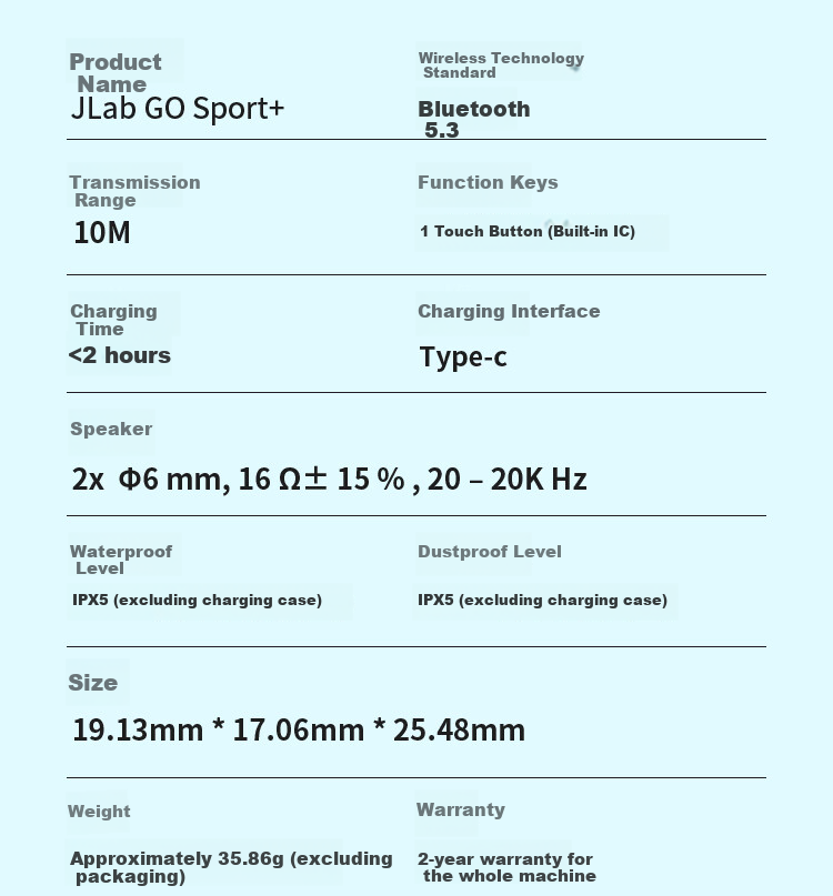 Беспроводные спортивные наушники JLab GO Sport+ с защитой от пыли и воды IP55, для спорта, активного отдыха, велоспорта и бега, с шумоподавлением и долгим временем работы от аккумулятора