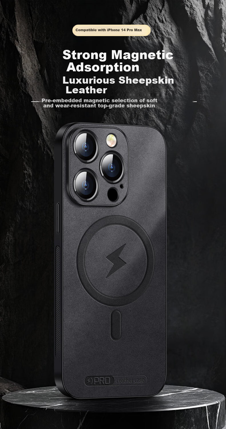 Чехол-накладка Shangsu для Apple iPhone 14 Pro Max, черный, из натуральной кожи, с магнитной застежкой