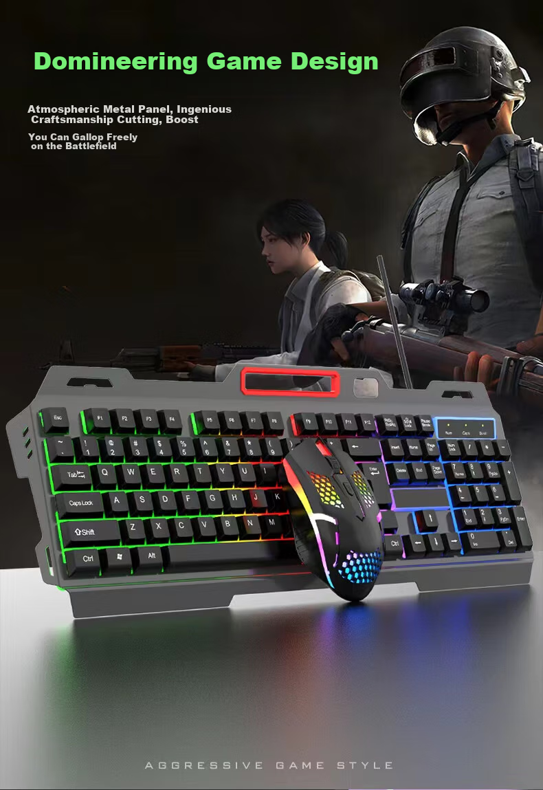 Игровая клавиатура и мышь Lingshe MK210, проводной комплект, металлическая панель, подсветка, серо-черный