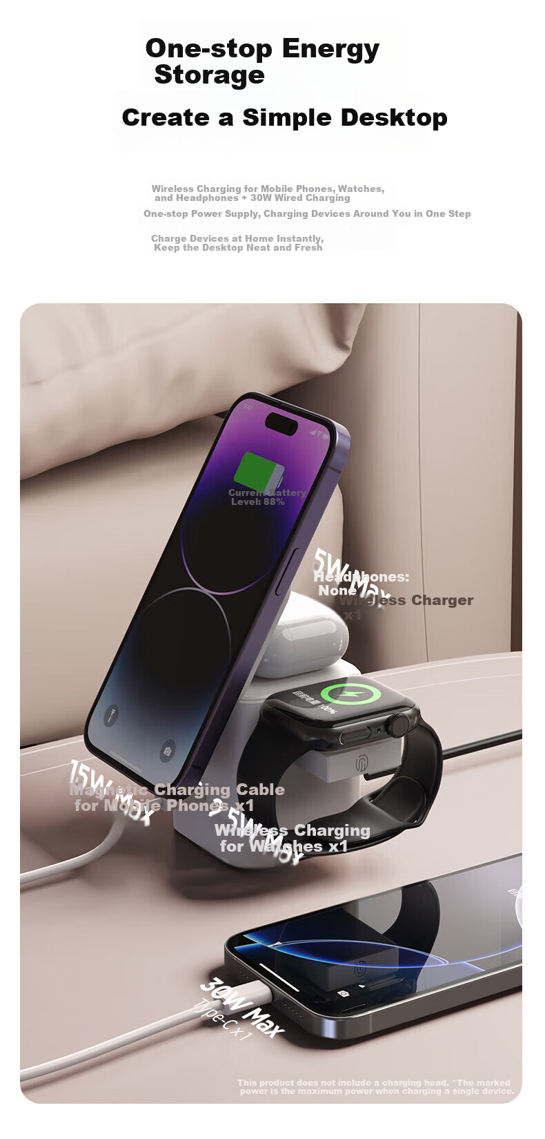 Беспроводное зарядное устройство PISEN MagSafe 4-в-1, 30 Вт, для iPhone 17/16, iWatch, наушников, белый