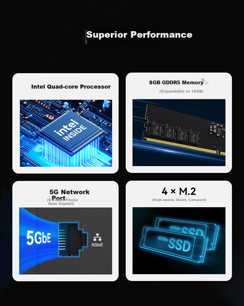 TERRA MASTER F4 SSD: персональное облако NAS с 5 Гбит/с Ethernet, 4 отсека для SSD, процессор Intel Quad-Core, 8 ГБ ОЗУ, AI-сервер для дома, резервное копирование фото, расширение памяти телефона и компьютера.