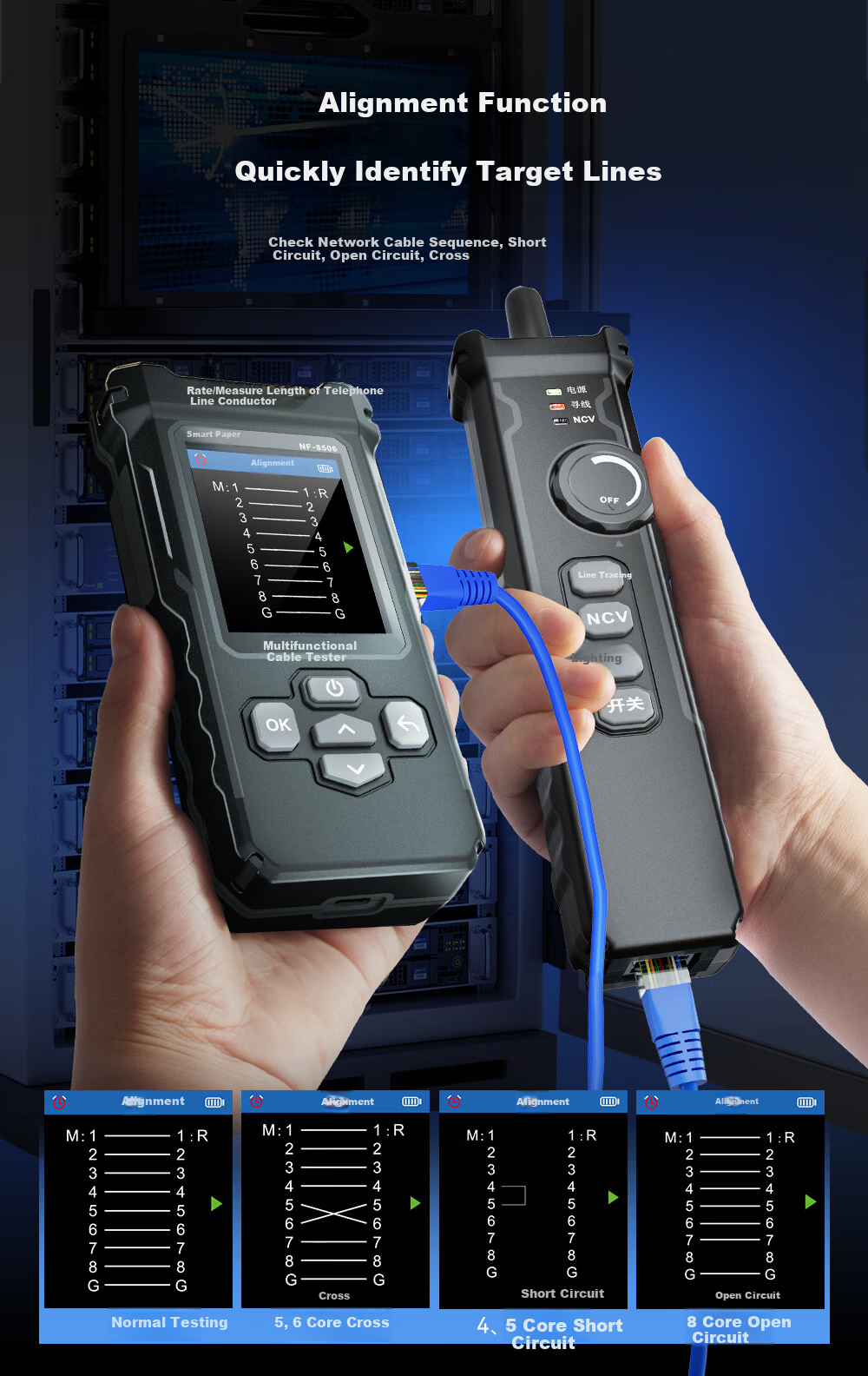 Сетевой тестер Jingmingshu NF-8506, кабельный тестер с поддержкой POE, сканирование IP, пинг-тест
