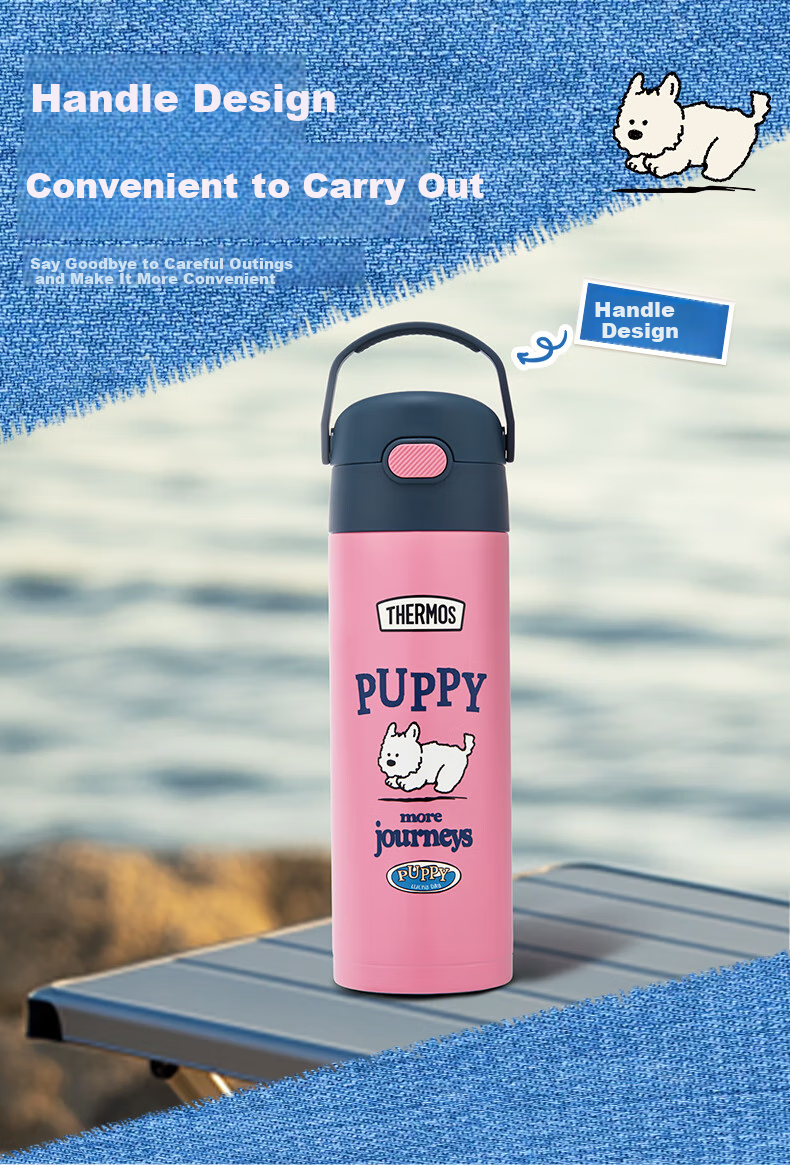 Детская термокружка THERMOS Retro 500 мл, из нержавеющей стали 316L, с прямым питьем, розовая с фиолетовым