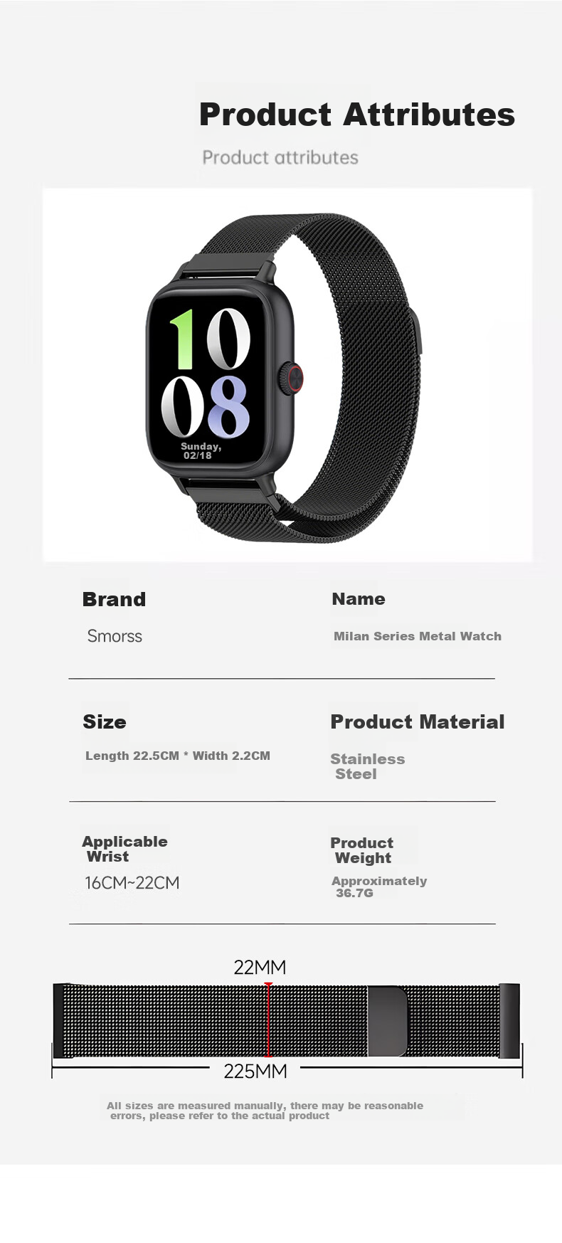 Ремешок Smorss Milanese Magnetic для Vivo Watch GT, из нержавеющей стали, черный