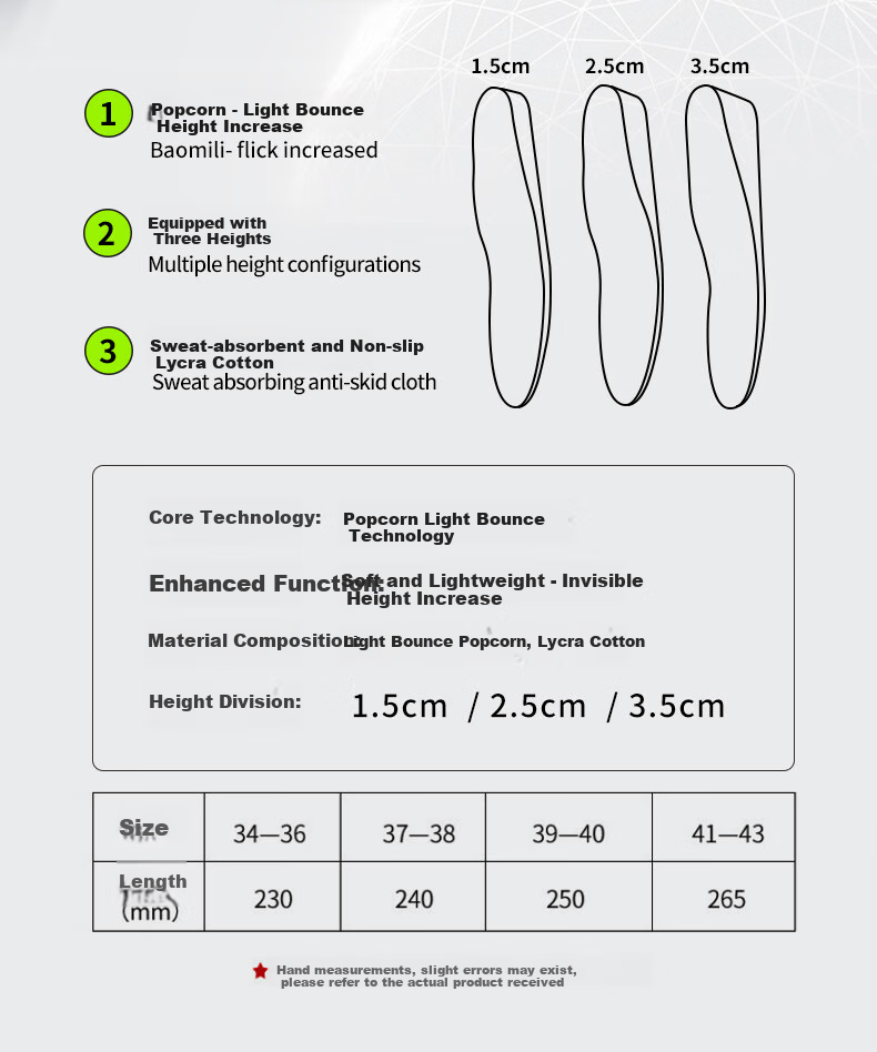 Стельки Nanjiren Boost Lightweight, увеличивающие рост, невидимые, впитывающие пот, спортивные, амортизирующие, полноразмерные для мужчин и женщин, 2,5 см, размер 41-42