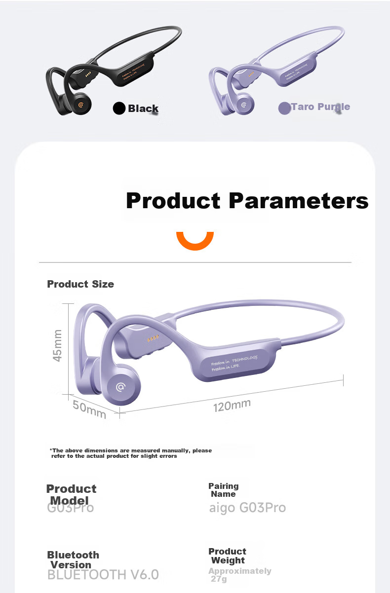 Беспроводные наушники Aigo G03Pro с костной проводимостью, спортивные, водонепроницаемые IP68, 32 ГБ, MP3, Bluetooth 6.0, для бега, велоспорта, черные