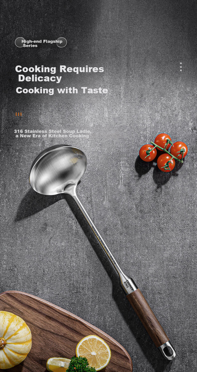 Половник COOKER KING из нержавеющей стали 316 с ручкой из палисандра, утолщенная ложка для посуды с антипригарным покрытием, 36.5 см