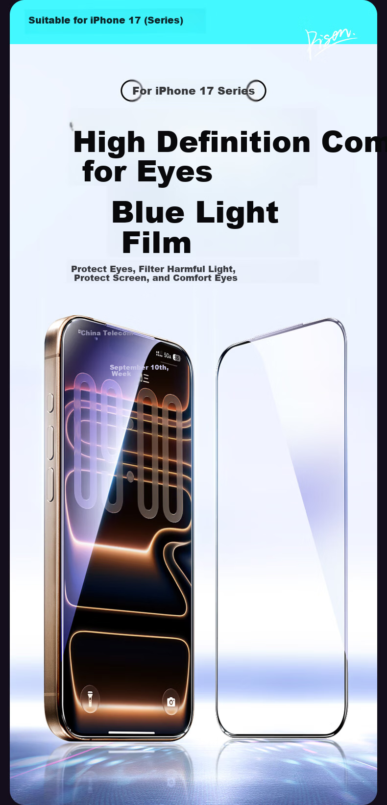 Защитное стекло PISEN для iPhone 17 Pro Max, HD, защита от синего света, полноэкранное, противоударное, от отпечатков пальцев, 2 шт.