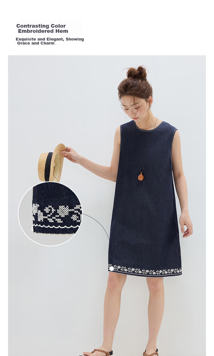 Джинсовое платье Giordano, женское, летнее, с вышивкой, круглым вырезом, без рукавов, модель 18465809