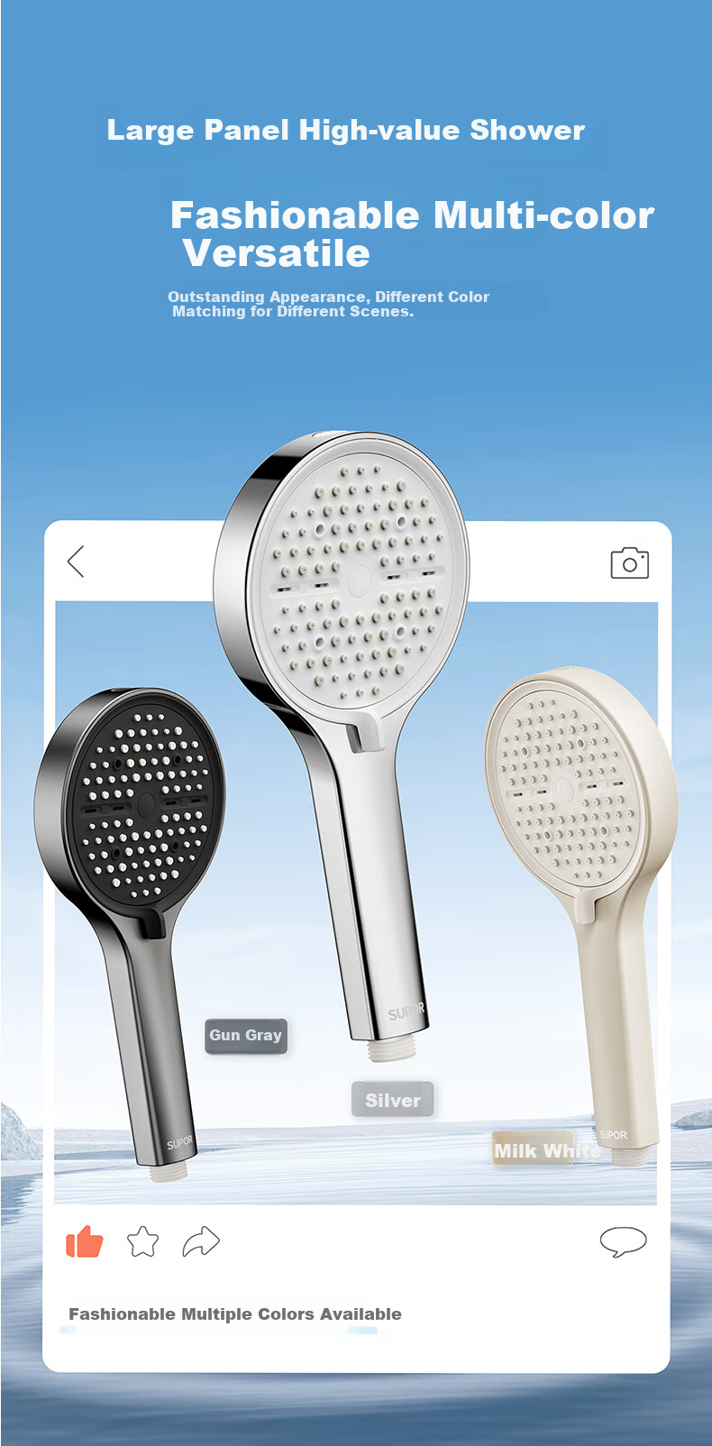Душевая лейка SUPOR Six-Function Pressurized Handheld Shower Head с большой панелью, насадкой-распылителем и насадкой для купания, серая, размер S
