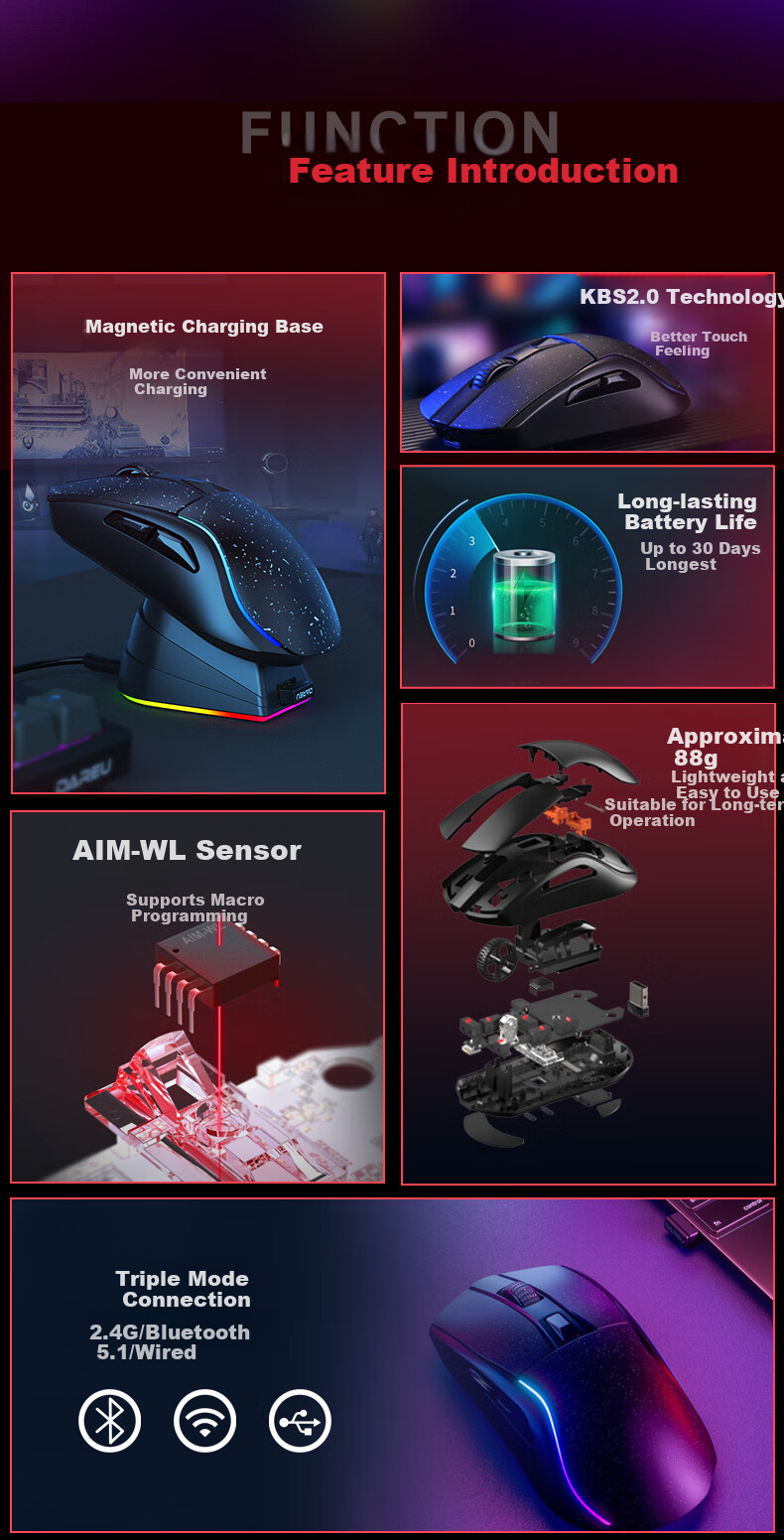Игровая мышь DAREU A950, беспроводная, Bluetooth, 2.4ГГц, RGB, для больших рук, черная