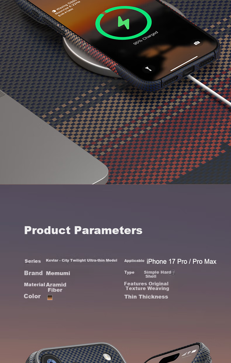 Чехол Memumi для iPhone 17 Pro, из арамидного волокна, ультратонкий, анти-падение, противоударный, стиль бизнес/лайт люкс, черный/оранжевый