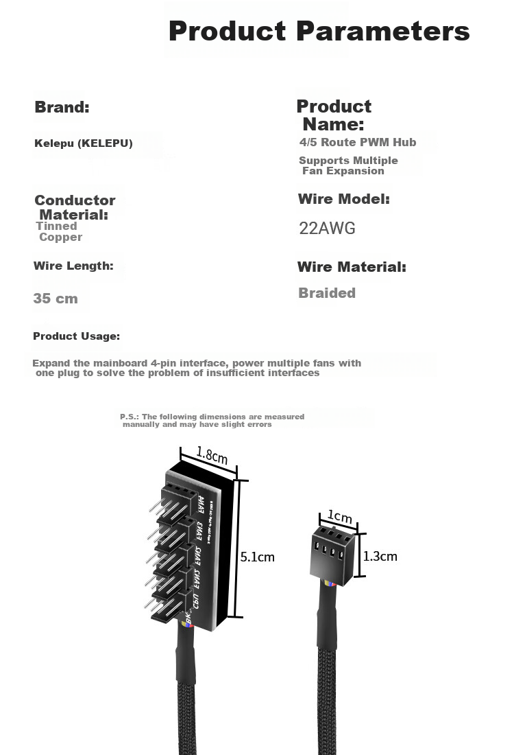 KELEPU Motherboard 4-Pin PWM Hub, Desktop Computer Case Fan Cable, 4-Pin One-To 35cm