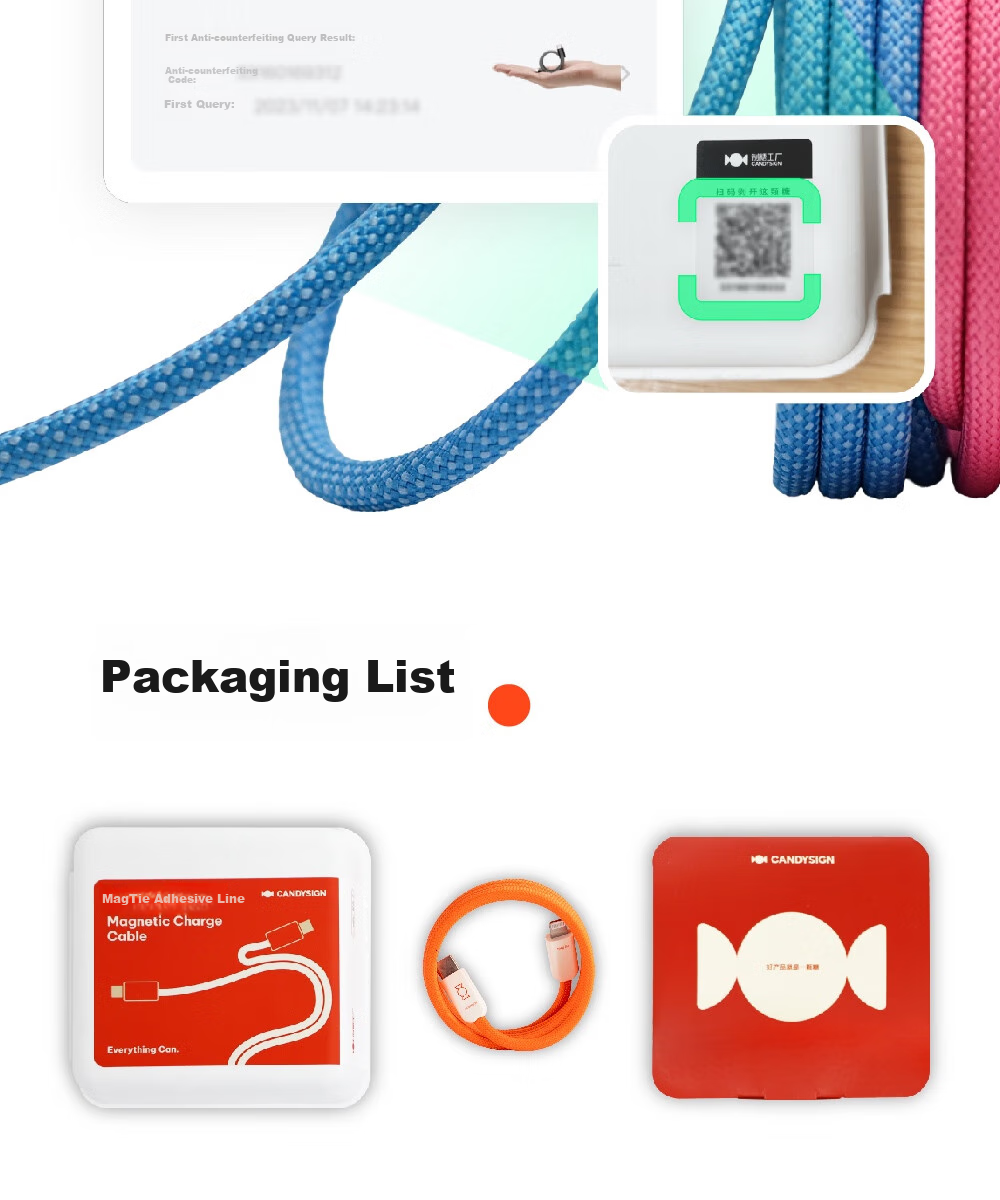 Кабель CANDYSIGN MagTie Full Magnetic Cable Tie 100W USB C-C Оранжевый 1.5м для зарядки Apple iPhone, Кабель данных 5A Быстрая зарядка Кабель для ноутбука