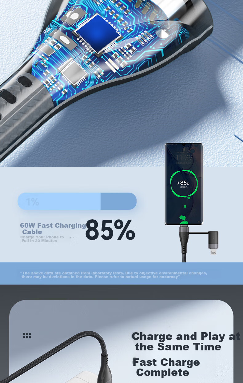 Zitai Универсальный кабель 4-в-1, 1 метр, черный, PD 60W, для iPhone, Huawei, Xiaomi, Honor