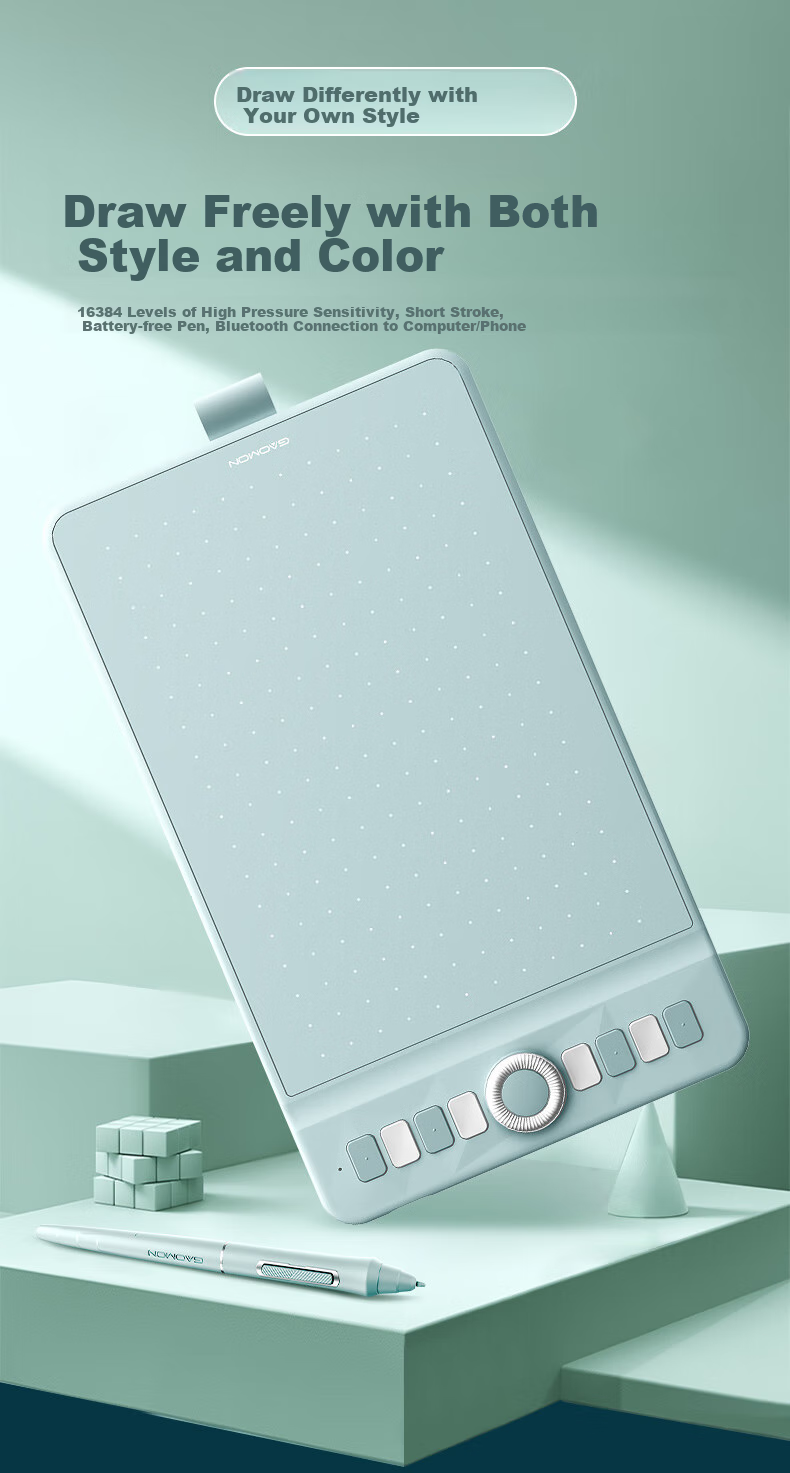 Графический планшет Gaoman (GAOMON) WH851, беспроводной Bluetooth, пассивное перо, 16384 уровня давления, зеленый