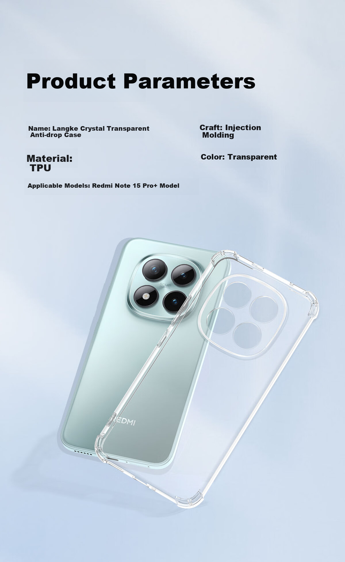 LLUNC Чехол для Redmi Note 15 Pro+, защита объектива, противоударный с воздушными подушками, ультратонкий, полностью прозрачный, мягкий, ощущение голого телефона