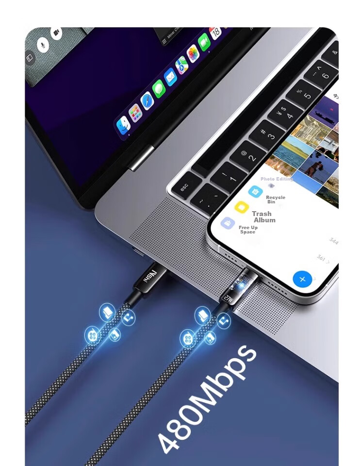 Кабель Nengshi для зарядки Apple iPhone, кабель данных PD быстрой зарядки с умным отключением, 1 метр, прозрачный черный