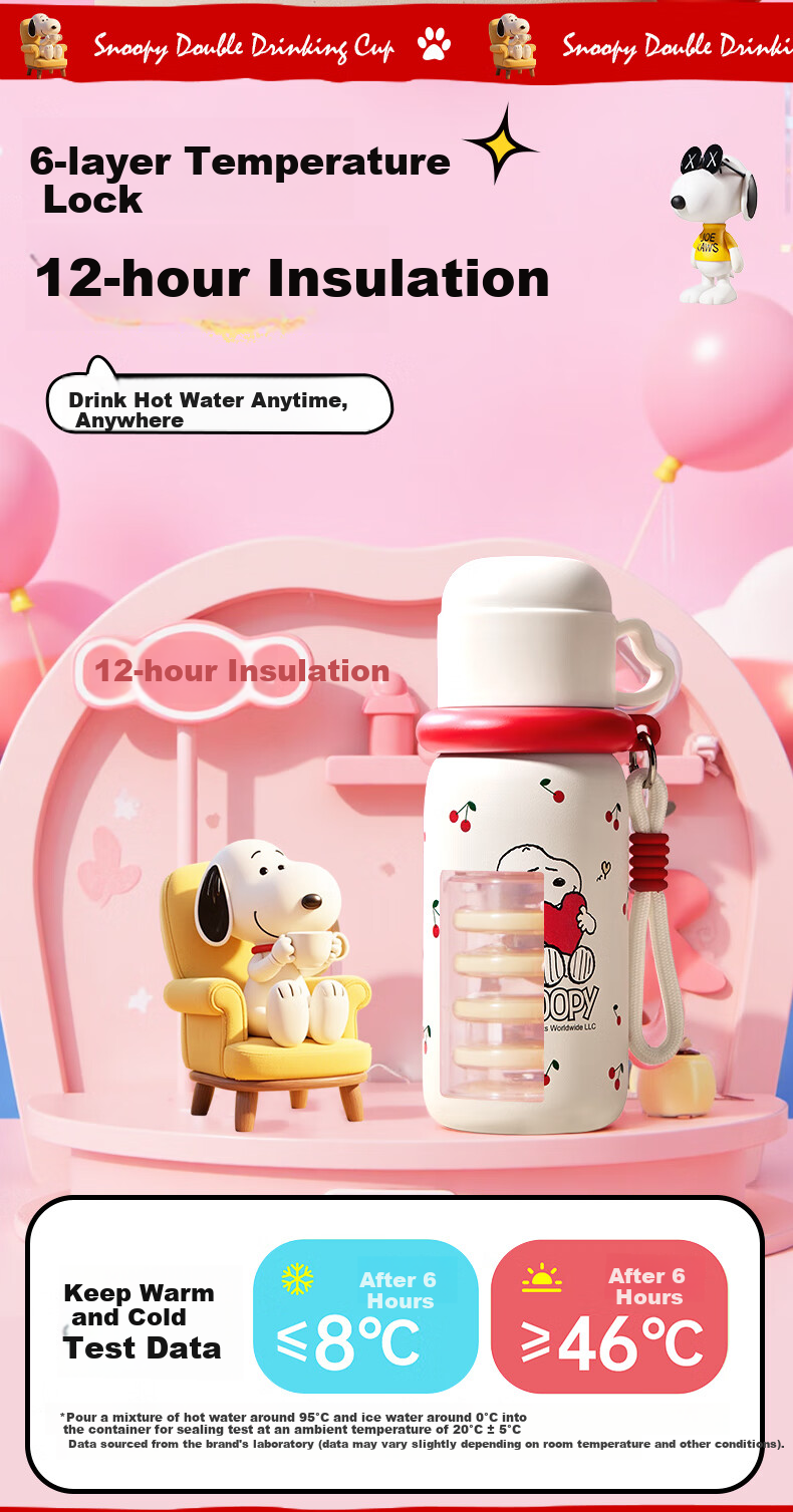 Детская термокружка SNOOPY из нержавеющей стали 316L, большой объем, с трубочкой для мальчиков и девочек, портативная бутылка для воды для студентов, специальная кружка для питья, белая