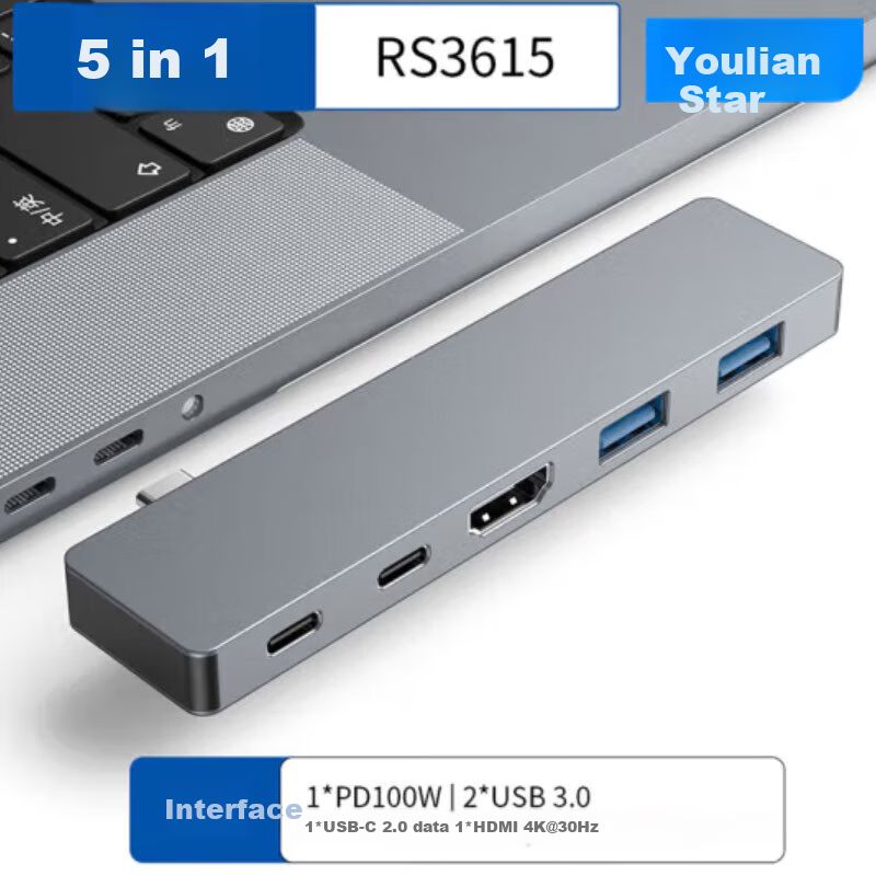 USB-C хаб-адаптер UGREEN 5-в-1 с HDMI, PD, USB 3.0, USB-C, серый