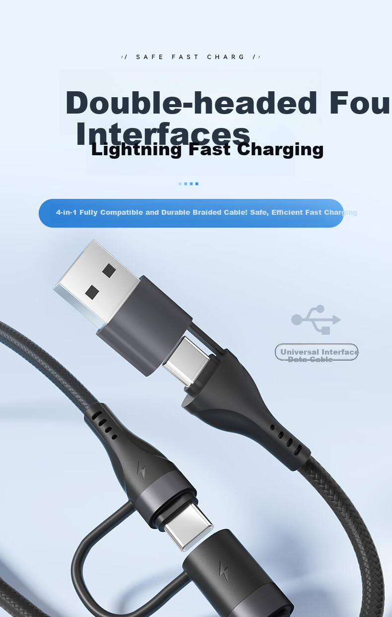 Zitai Универсальный кабель 4-в-1, 1 метр, черный, PD 60W, для iPhone, Huawei, Xiaomi, Honor