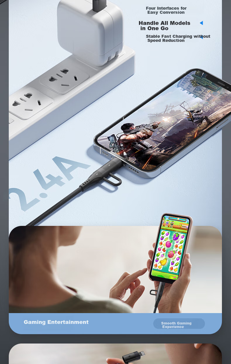 Zitai Универсальный кабель 4-в-1, 1 метр, черный, PD 60W, для iPhone, Huawei, Xiaomi, Honor