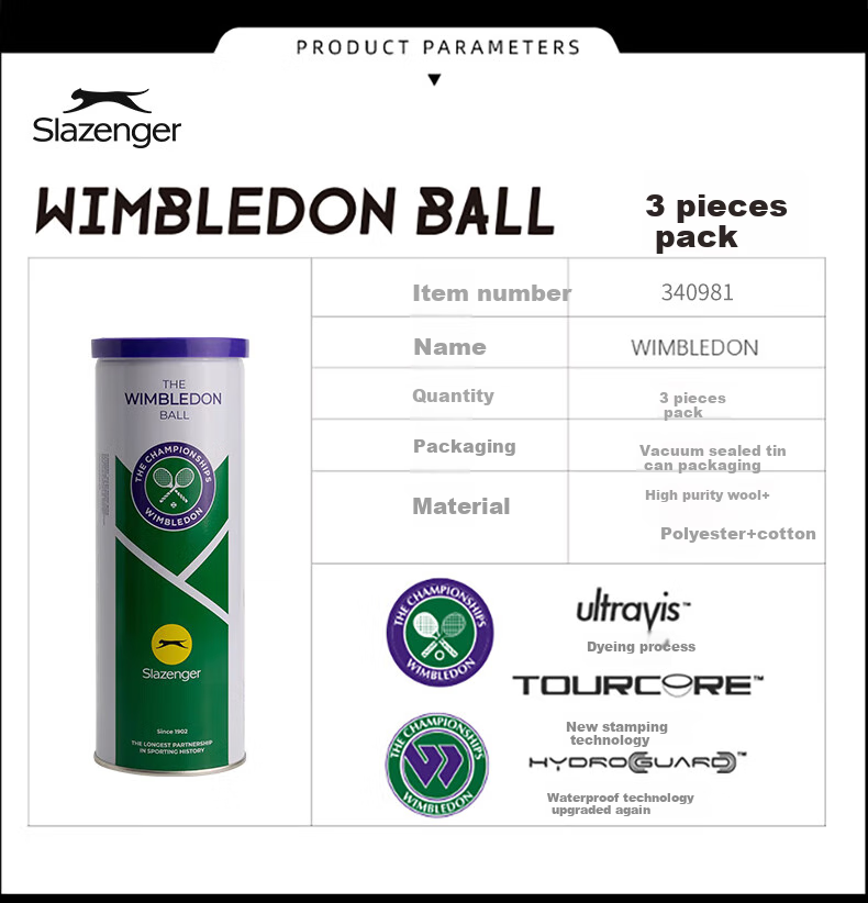 Мячи для тенниса Slazenger Official Wimbledon Ball, тренировочные и игровые, в металлической банке, 3 шт.