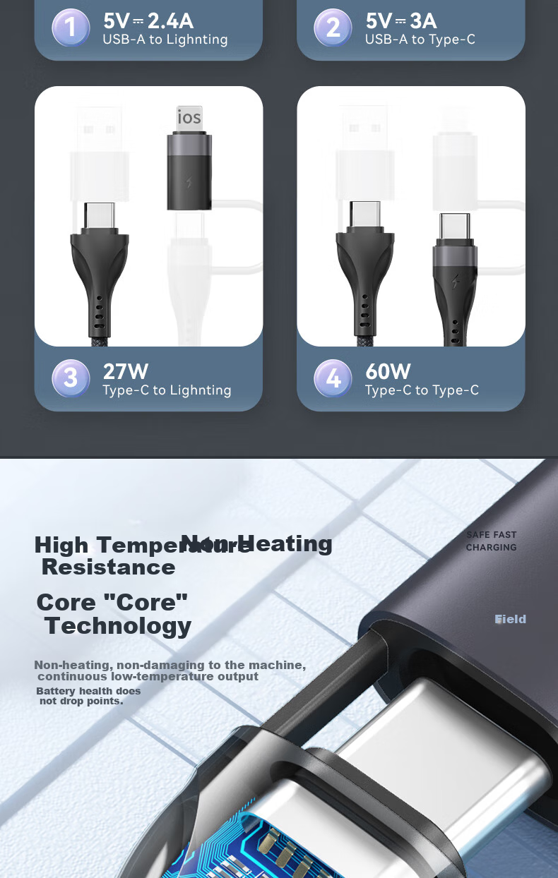 Zitai Универсальный кабель 4-в-1, 1 метр, черный, PD 60W, для iPhone, Huawei, Xiaomi, Honor