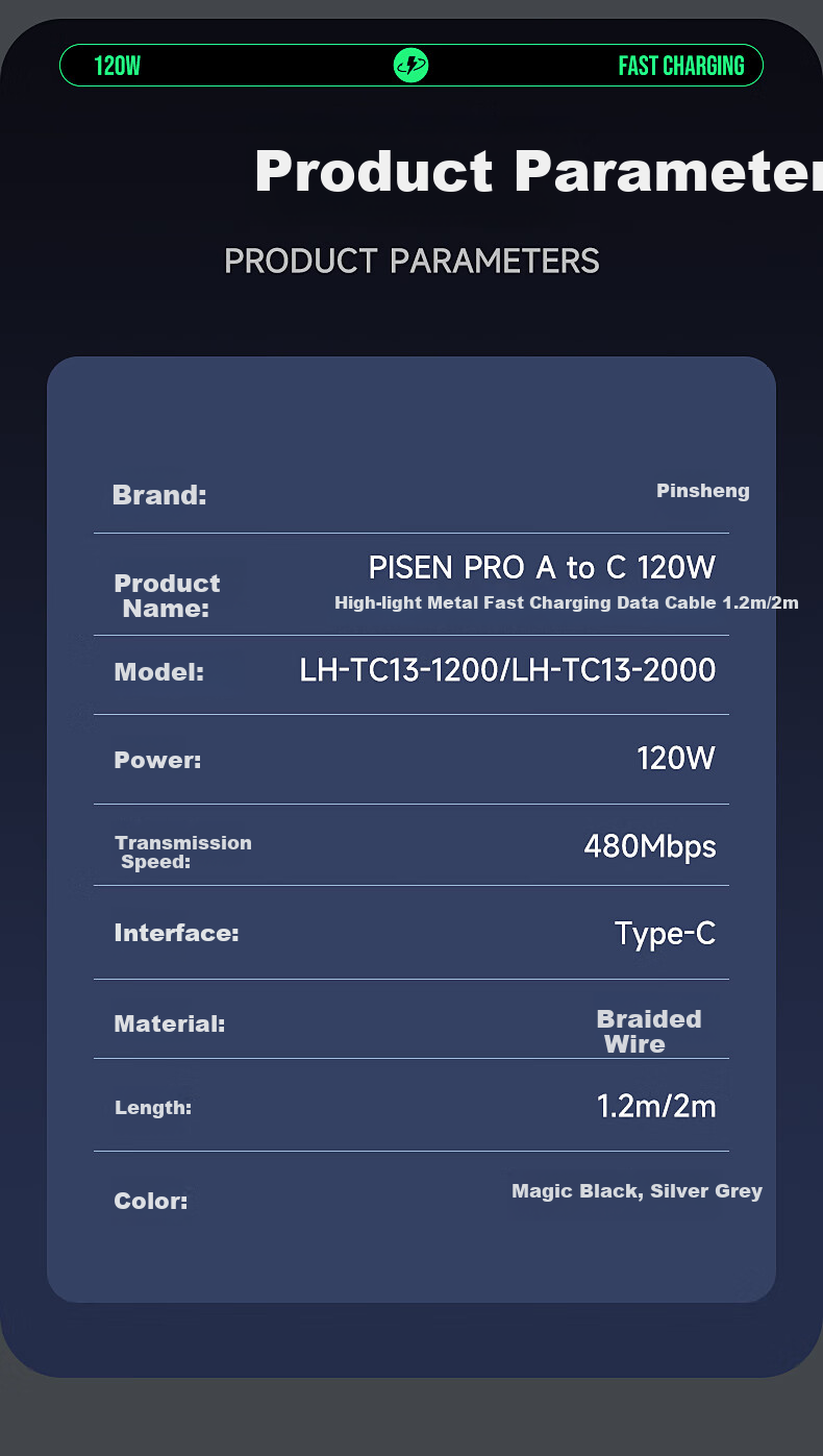 Кабель PISEN Type-C 120W