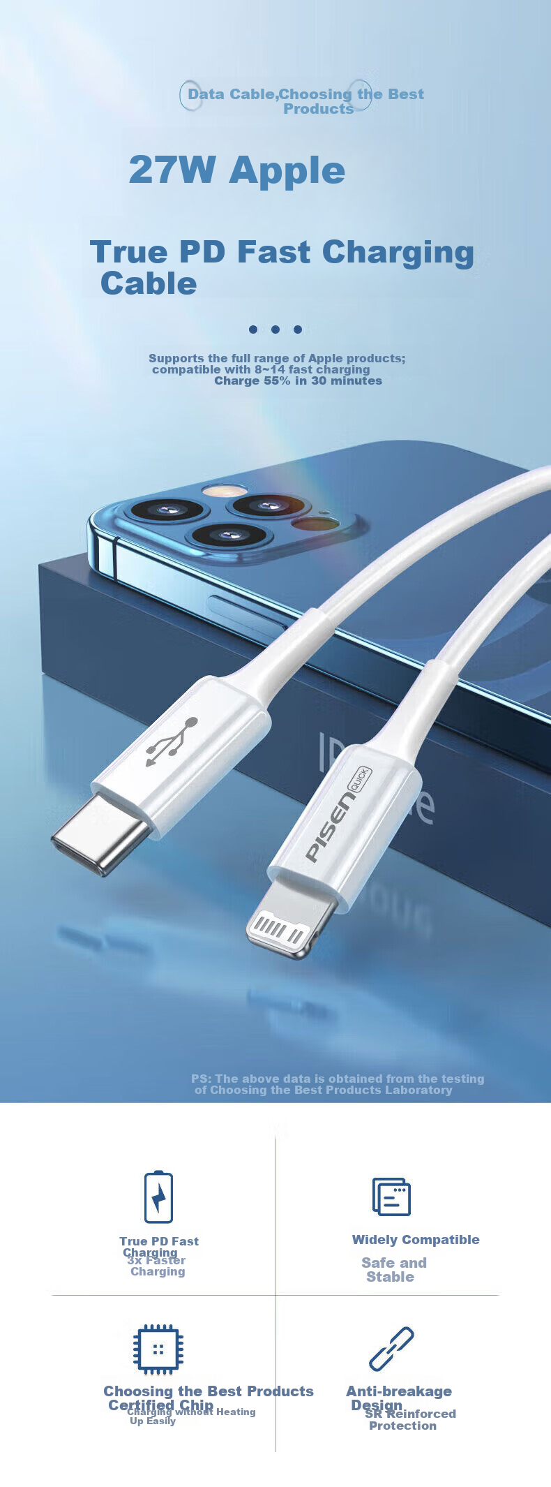 Кабель PISEN Type-C to Lightning PD27W/20W Fast Charge, 1.2 метра, белый