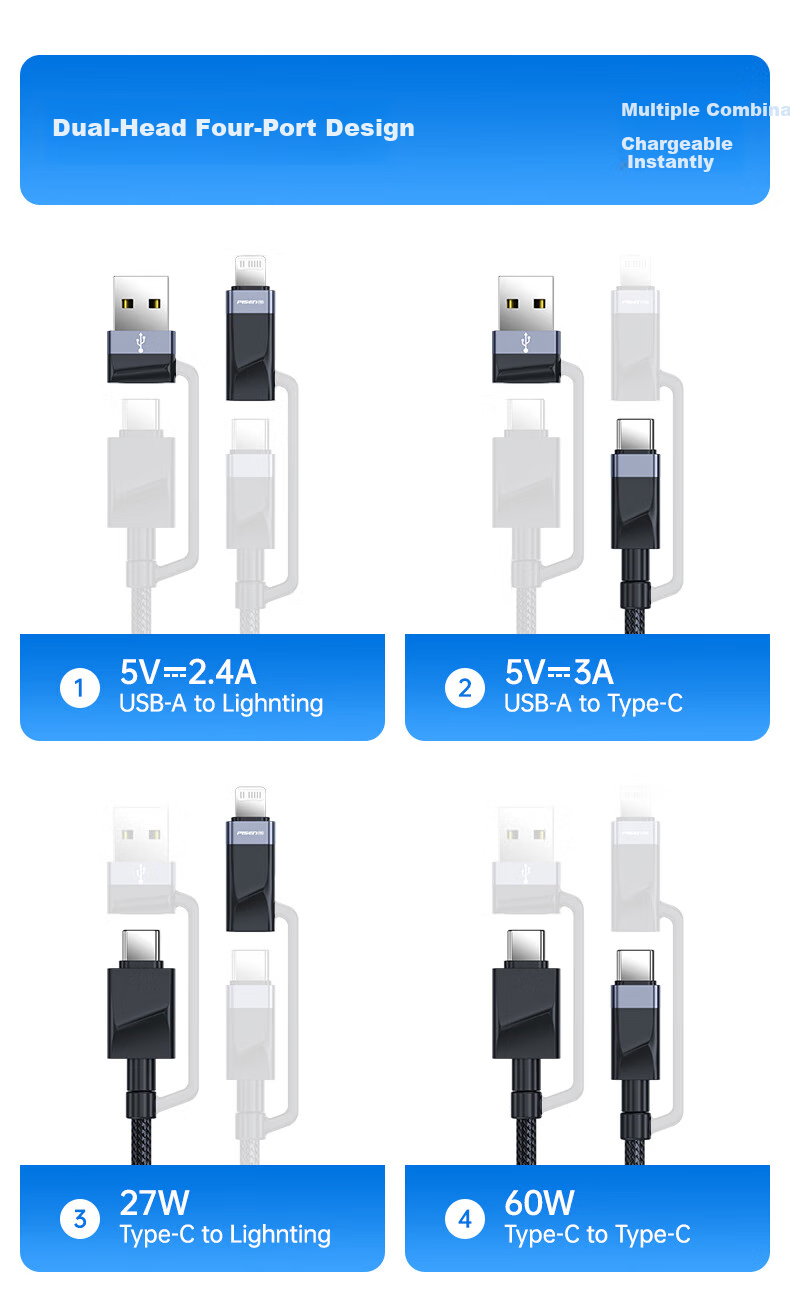 Кабель PISEN 4-в-1, Type-C PD60W, для iPhone 16/14/13, Xiaomi, Huawei P80, iPad, ноутбуков, 1.2м, черный
