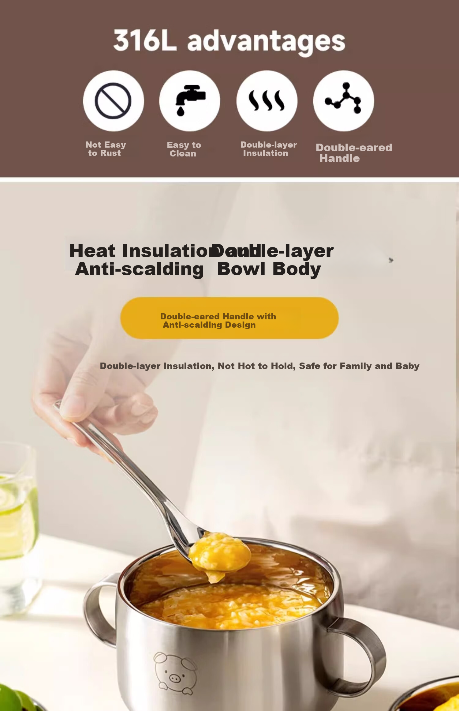 Детская миска Onlycook из нержавеющей стали 316L с крышкой и присоской, 350 мл, дизайн "Маленькая свинка"
