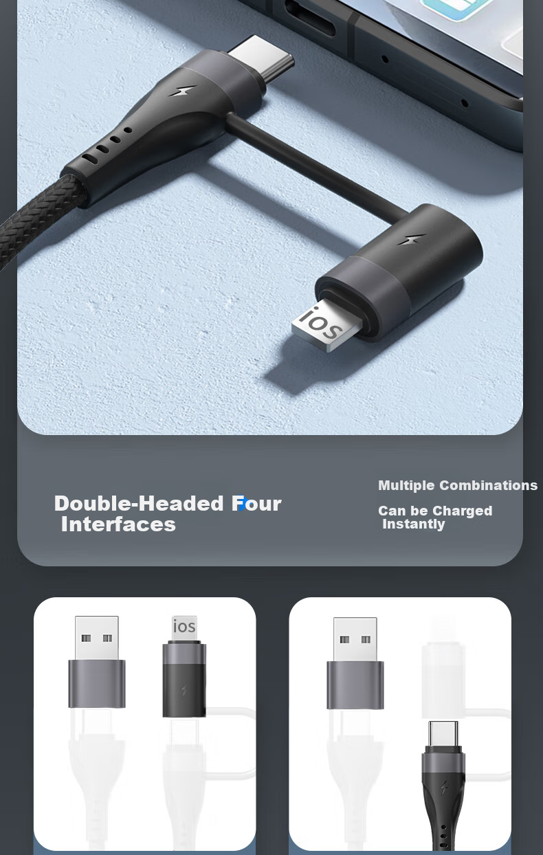 Zitai Универсальный кабель 4-в-1, 1 метр, черный, PD 60W, для iPhone, Huawei, Xiaomi, Honor