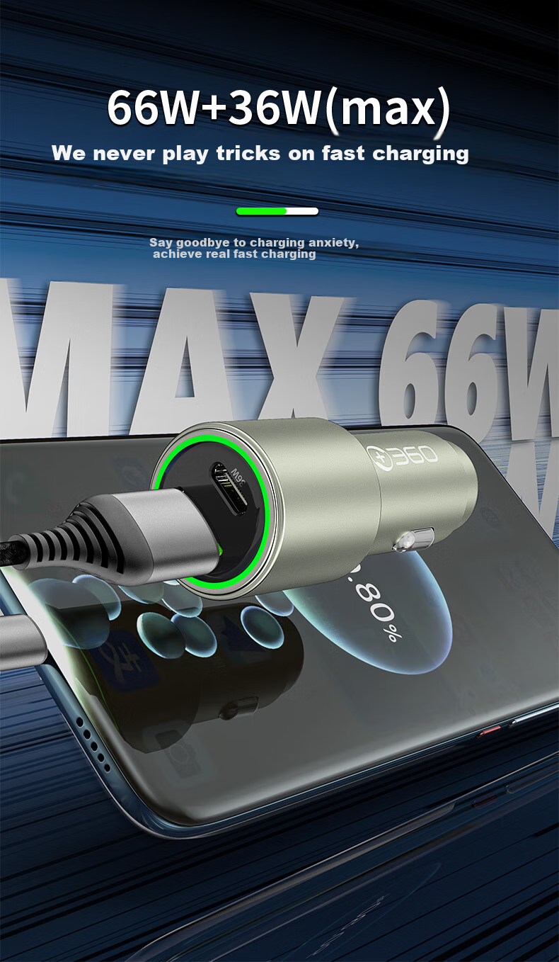 Автомобильное зарядное устройство 360 P661, 1A1C PD36W+66W, двойная сверхбыстрая зарядка, адаптер прикуривателя с двумя портами, совместимо с Apple, Xiaomi, Huawei