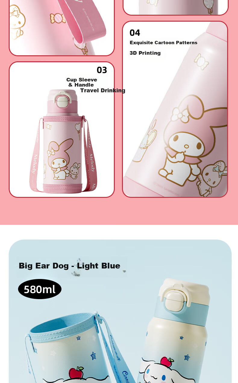 Термокружка SANRIO, 580 мл, из нержавеющей стали 316, с функцией сохранения тепла, для детей, с удобной крышкой