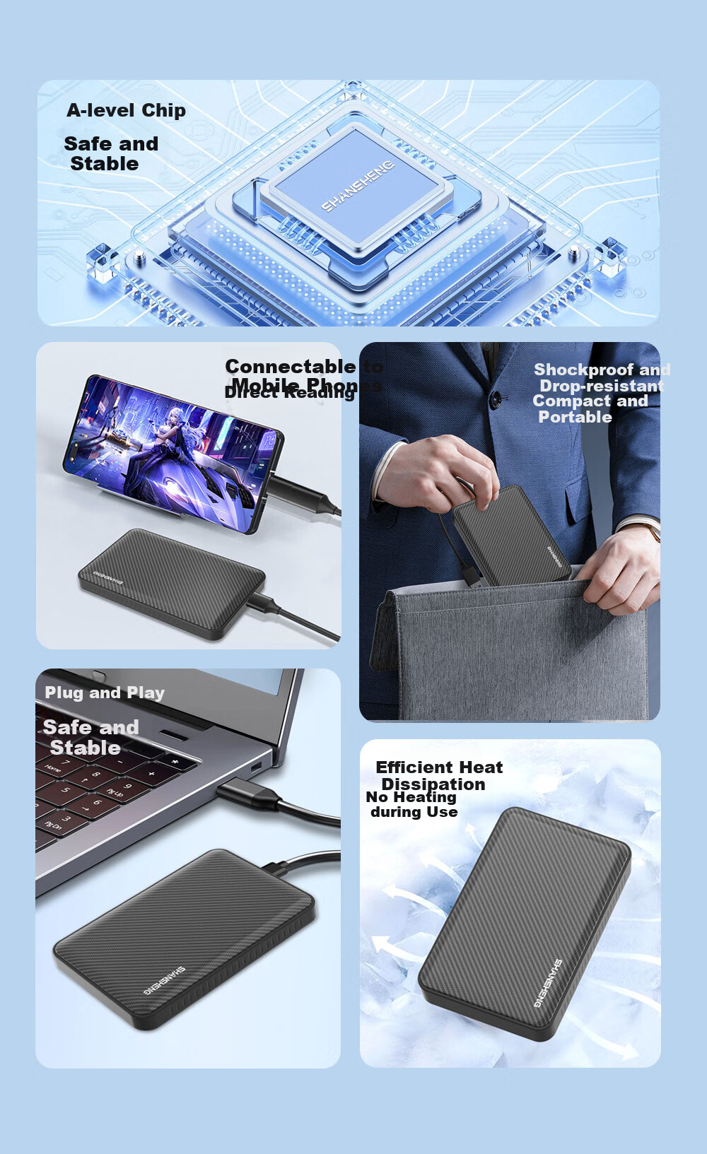 Портативный жесткий диск Shansheng 640GB USB 3.0, 2.5-дюймовый внешний накопитель P1, черный